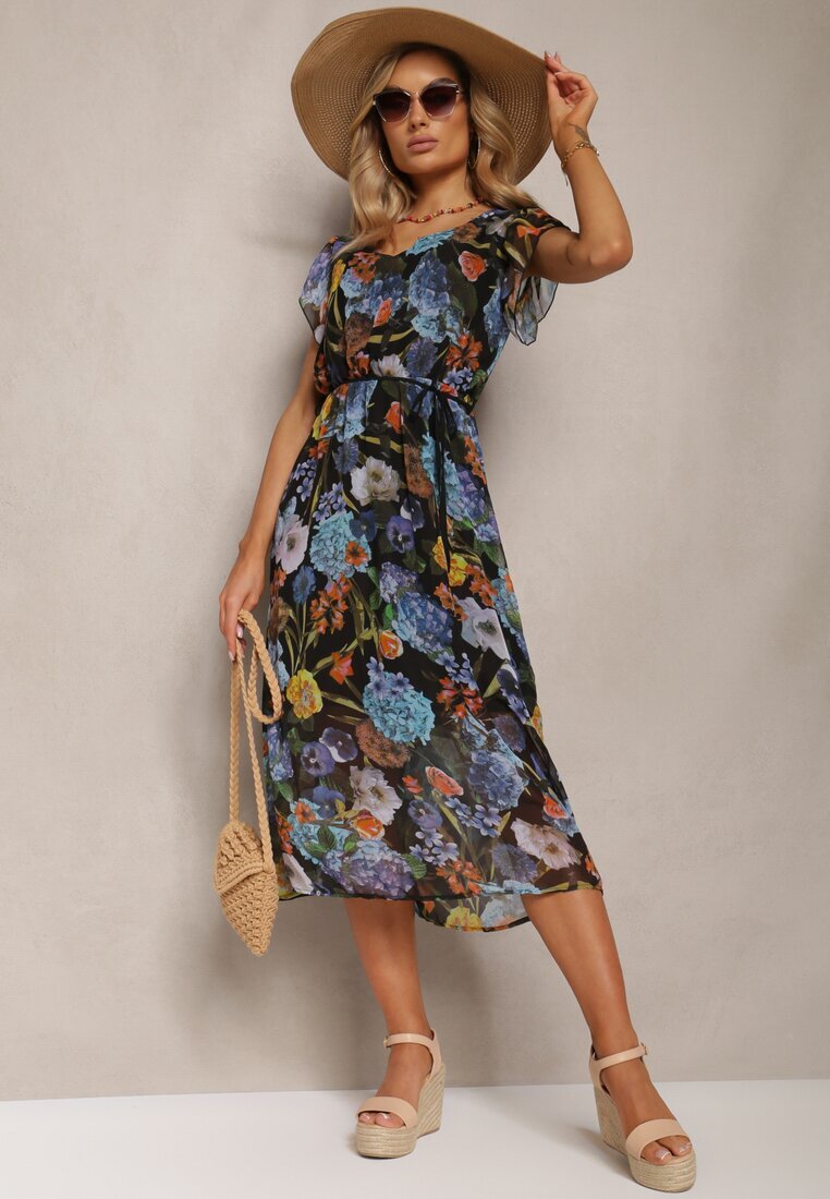 ann gissy Rochie Evazată Midi Negru-Albastră cu Imprimeu Floral Werttia