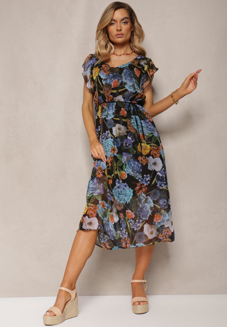 ann gissy Rochie Evazată Midi Negru-Albastră cu Imprimeu Floral Werttia