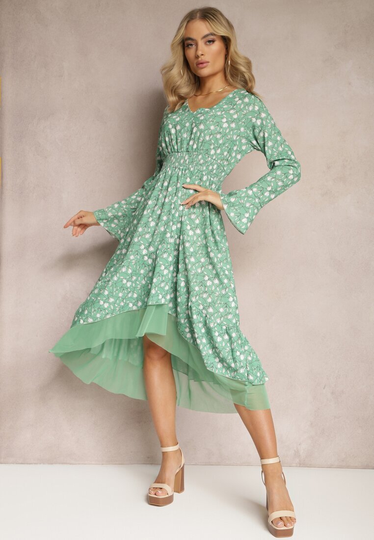 ann gissy Rochie Evazată Verde Midi cu Plasă Croială Asimetrică Fovita