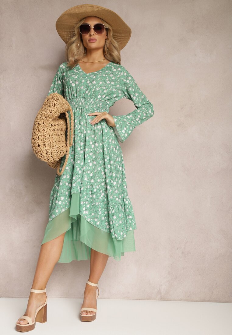 ann gissy Rochie Evazată Verde Midi cu Plasă Croială Asimetrică Fovita