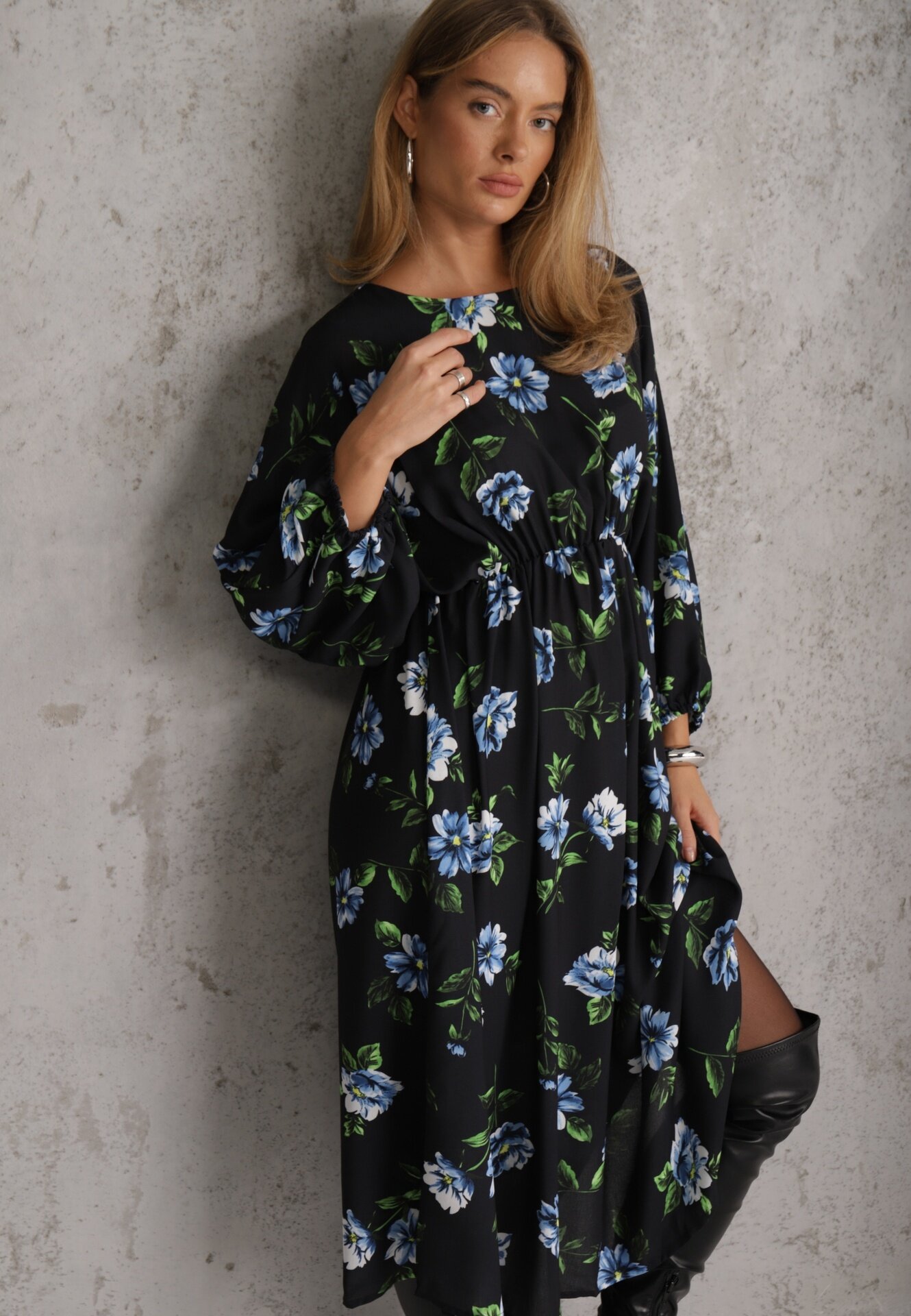 ann gissy Rochie Midi Negru-Albastră Florală cu croi evazat și mâneci liliac Jervia