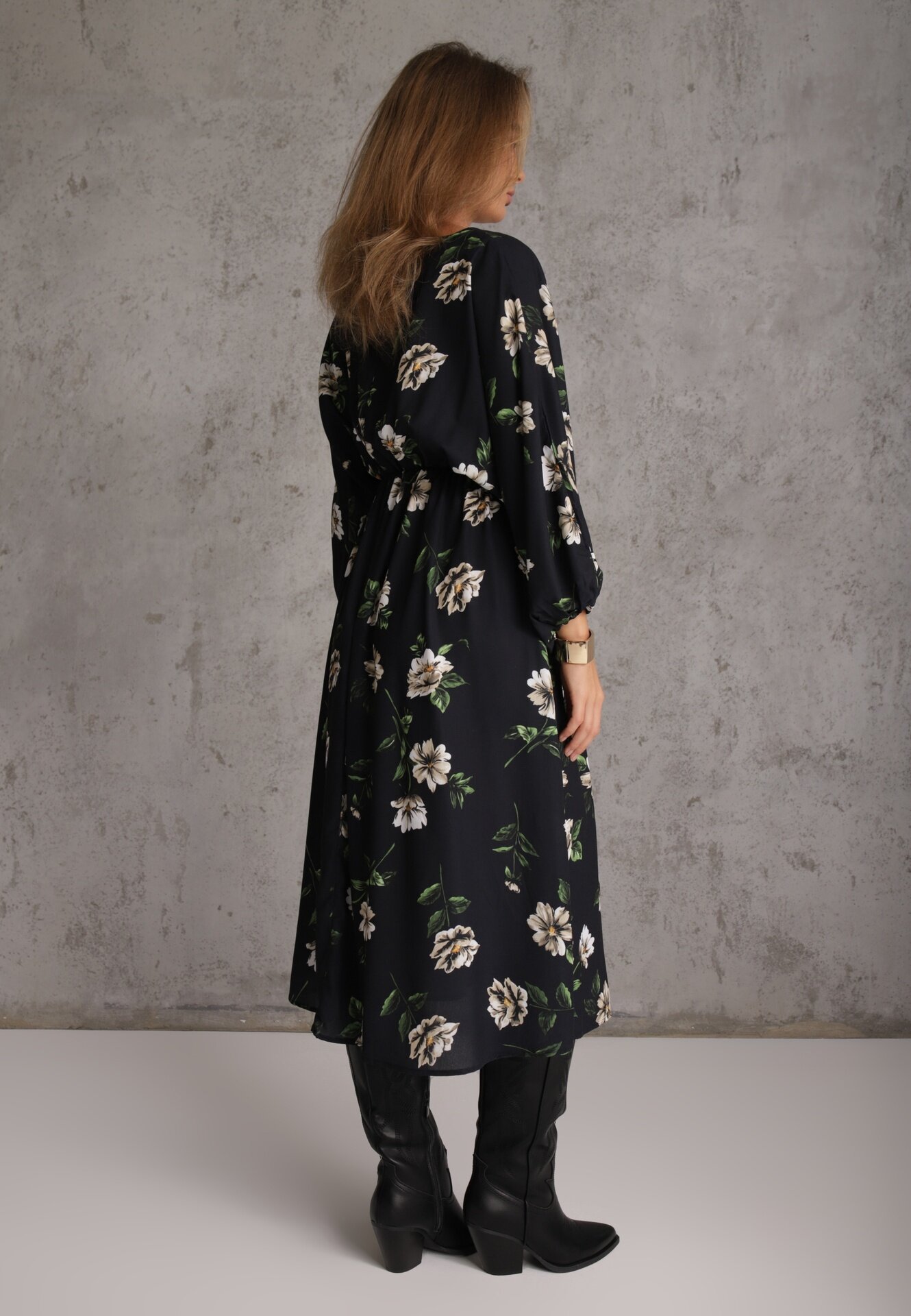 ann gissy Rochie Midi Negru-Bej Florală cu Croială Cloș cu Mâneci Liliac Jervia