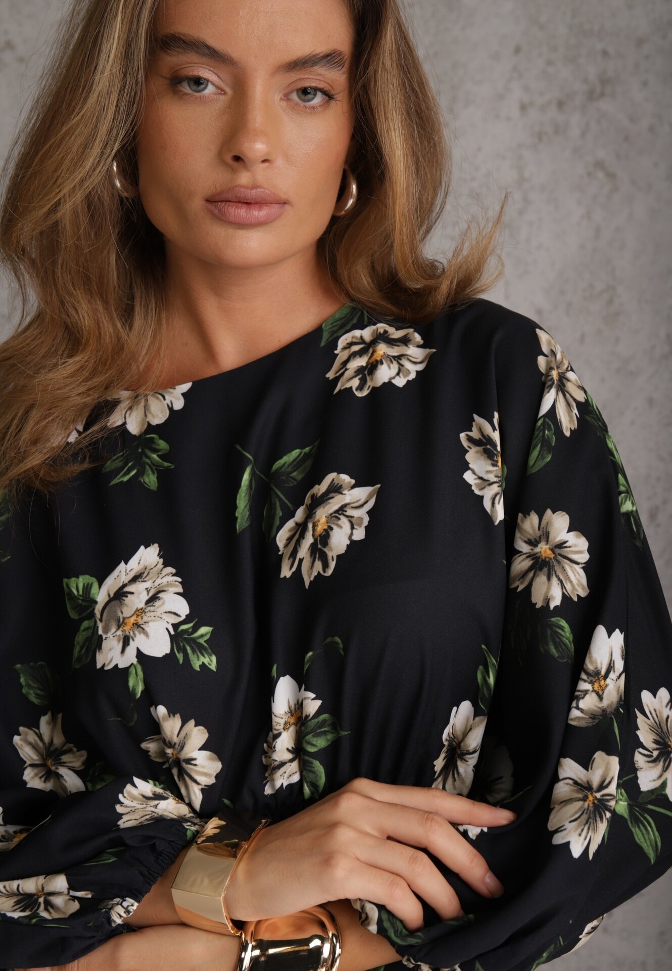 ann gissy Rochie Midi Negru-Bej Florală cu Croială Cloș cu Mâneci Liliac Jervia