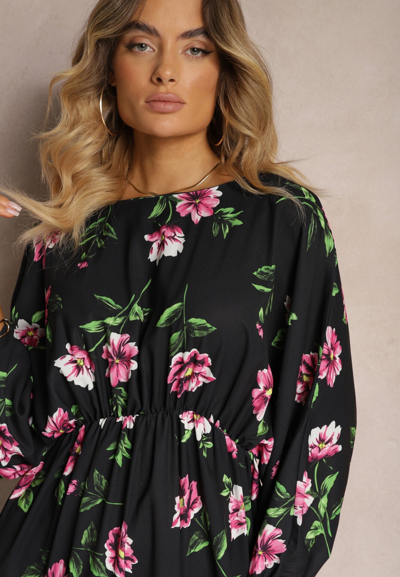 ann gissy Rochie Midi Negru-Roz cu imprimeu floral croi evazat și mâneci liliac Jervia