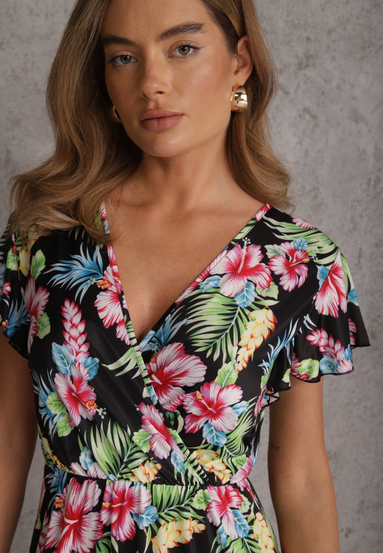 ann gissy Rochie petrecută cu vâscoză și elastic în talie cu flori tropicale Chionobe Neagră