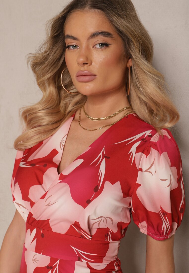 ann gissy Rochie Roșie Petrecută cu Imprimeu Floral și Volan Tdivona