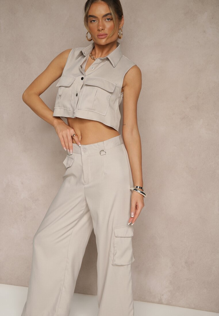 ann gissy Set Bej deschis Vestă tip cămașă și Pantaloni cu croială largă stil cargo