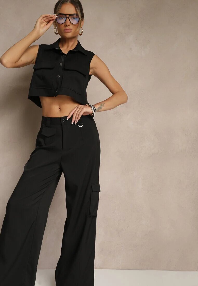 ann gissy Set negru Vestă tip cămașă și Pantaloni cu croială largă stil cargo Zibelle