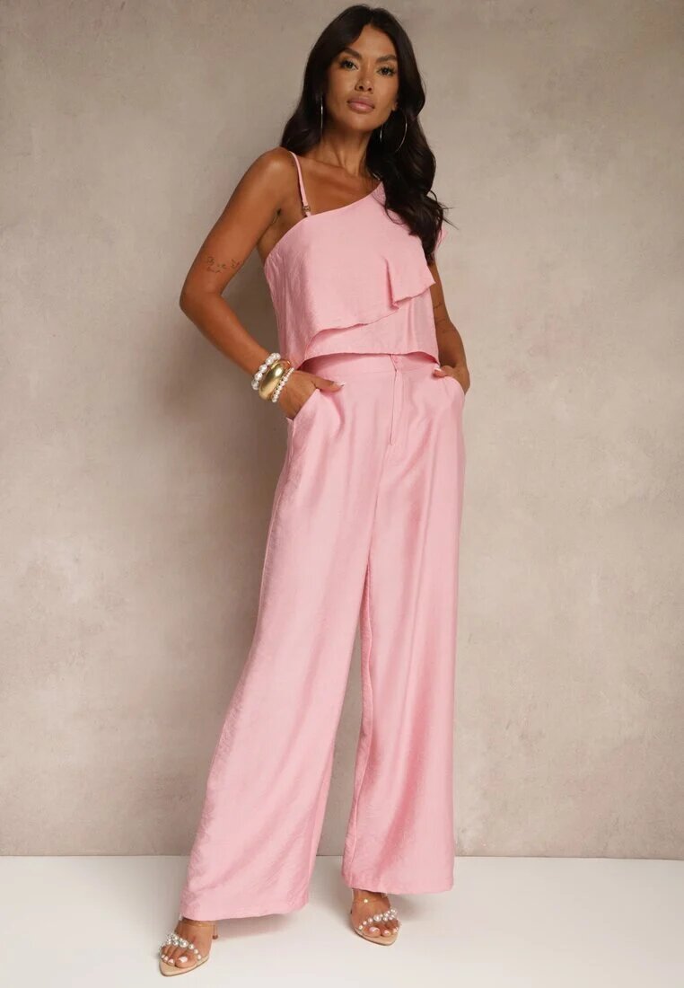 ann gissy Set Roz din Viscoză Top cu Volan pe un Umăr și Pantaloni Wide Leg Nirellea