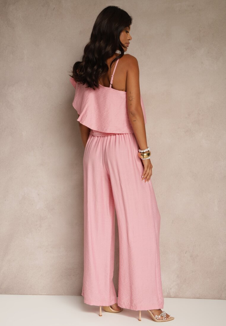 ann gissy Set Roz din Viscoză Top cu Volan pe un Umăr și Pantaloni Wide Leg Nirellea