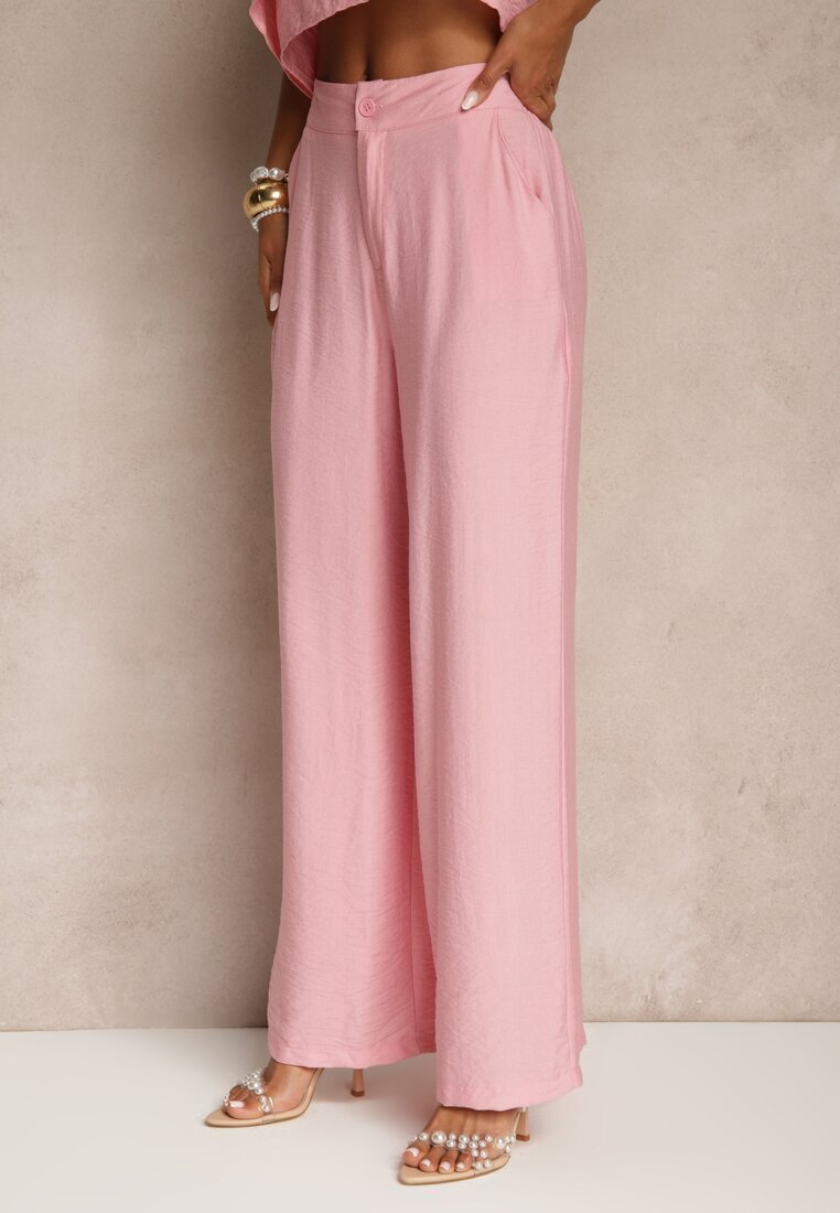 ann gissy Set Roz din Viscoză Top cu Volan pe un Umăr și Pantaloni Wide Leg Nirellea