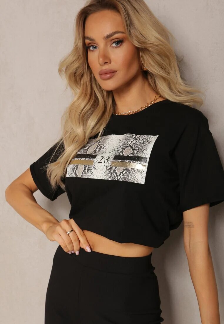 ann gissy Tricou Negru din Bumbac Decorat cu Imprimeu pe Partea din Față Katrielle