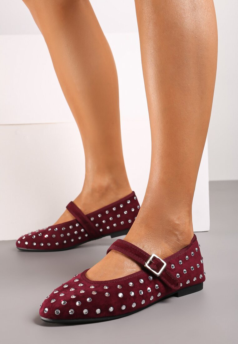  Balerini Bordeaux din piele întoarsă ecologică cu închidere cu cataramă decorate cu zirconii Daisanna
