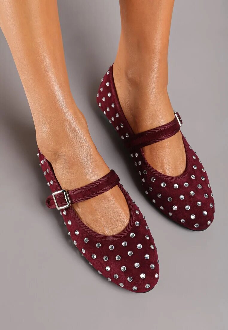  Balerini Bordeaux din piele întoarsă ecologică cu închidere cu cataramă decorate cu zirconii Daisanna
