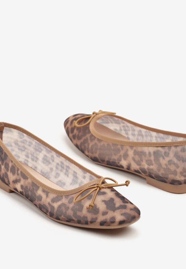  Balerini cu imprimeu leopard din plasă cu vârf pătrat și fundiță Aferriana