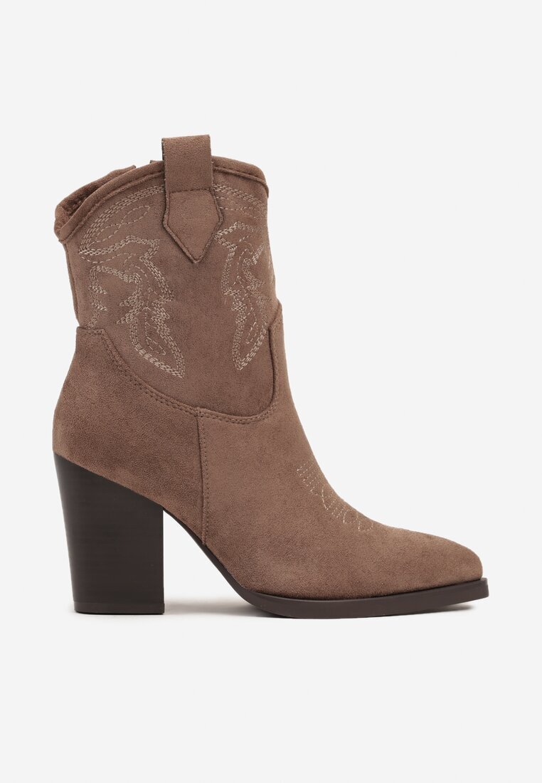 ballada Botine bej închis cowboy cu toc gros decorate cu broderie Riamara