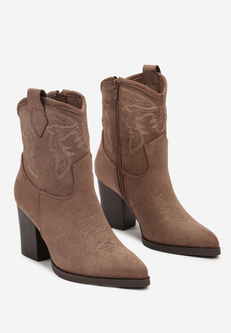 ballada Botine bej închis cowboy cu toc gros decorate cu broderie Riamara