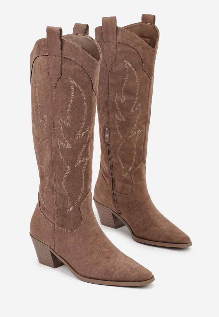 ballada Cizme cowboy bej închis brodate cu toc conic Galianna