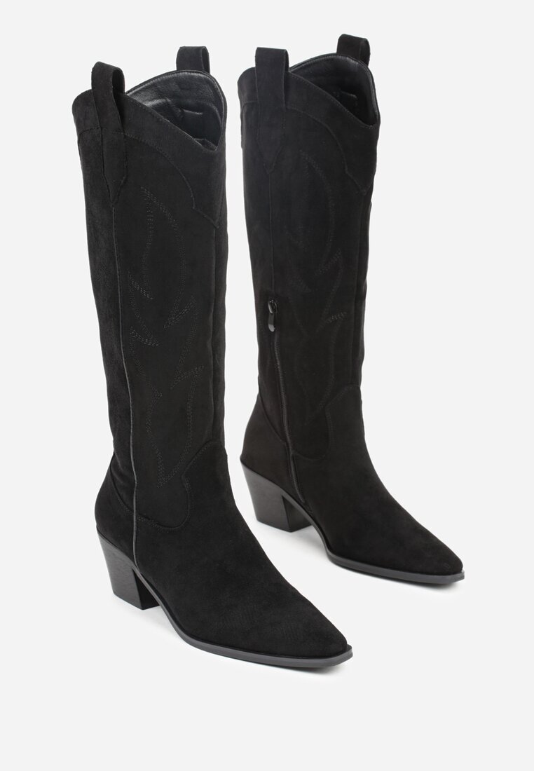 ballada Cizme Negre Brodate Cowboy cu Toc Conic Galianna