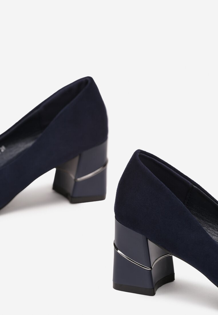 ballada Pantofi cu toc Albastri din Ecosuede cu toc gros cu Bordură Metalică Amolna