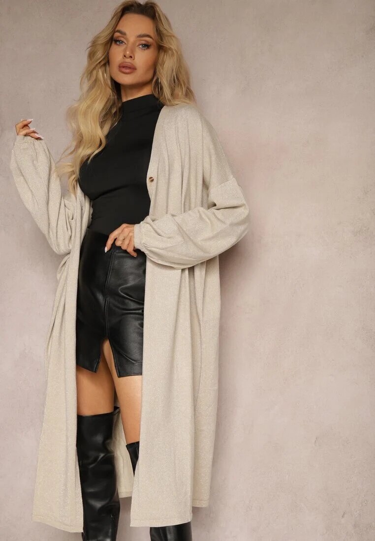 belcci Cardigan Bej lung cu Viscoză încheiat cu nasturi cu fir metalic Arkaria