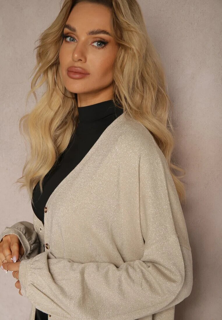 belcci Cardigan Bej lung cu Viscoză încheiat cu nasturi cu fir metalic Arkaria