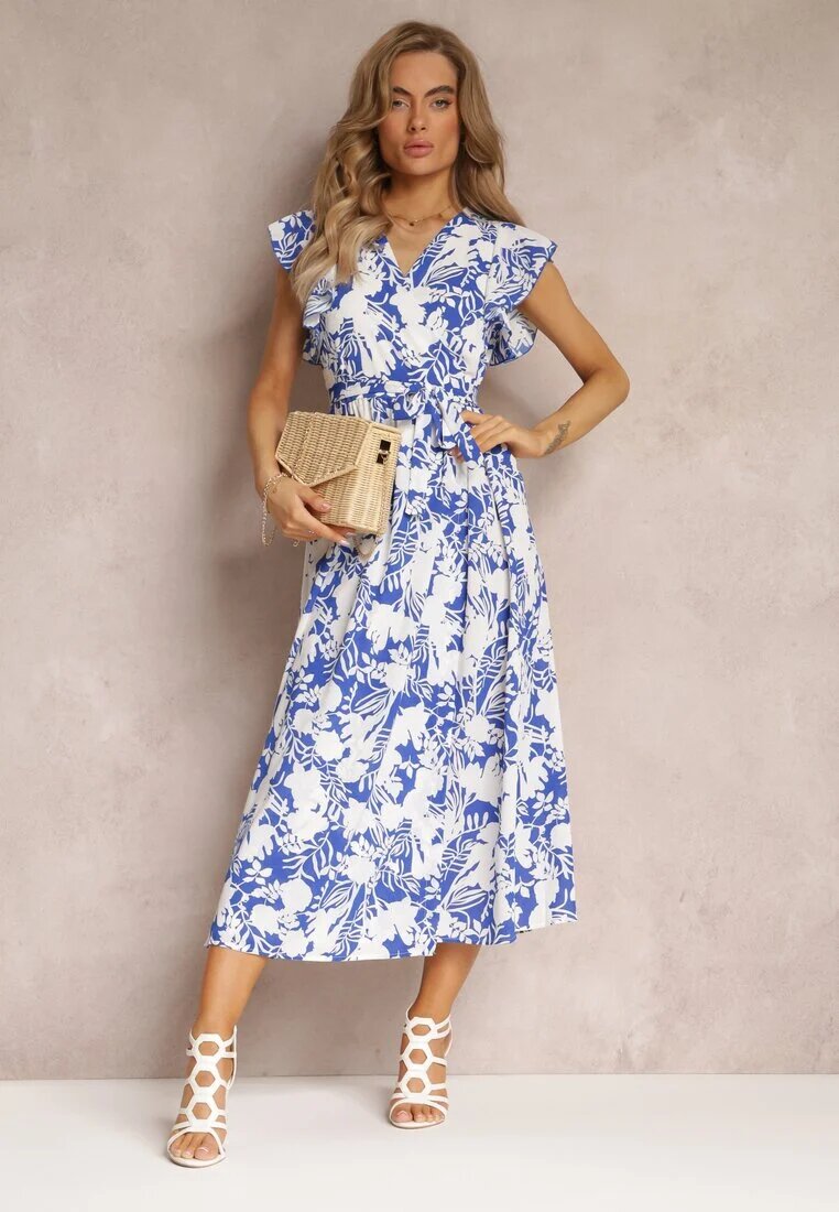 belcci Cloș Rochie Maxi Bleumarin-Alb cu decolteu petrecut cu imprimeu floral Sonnasa