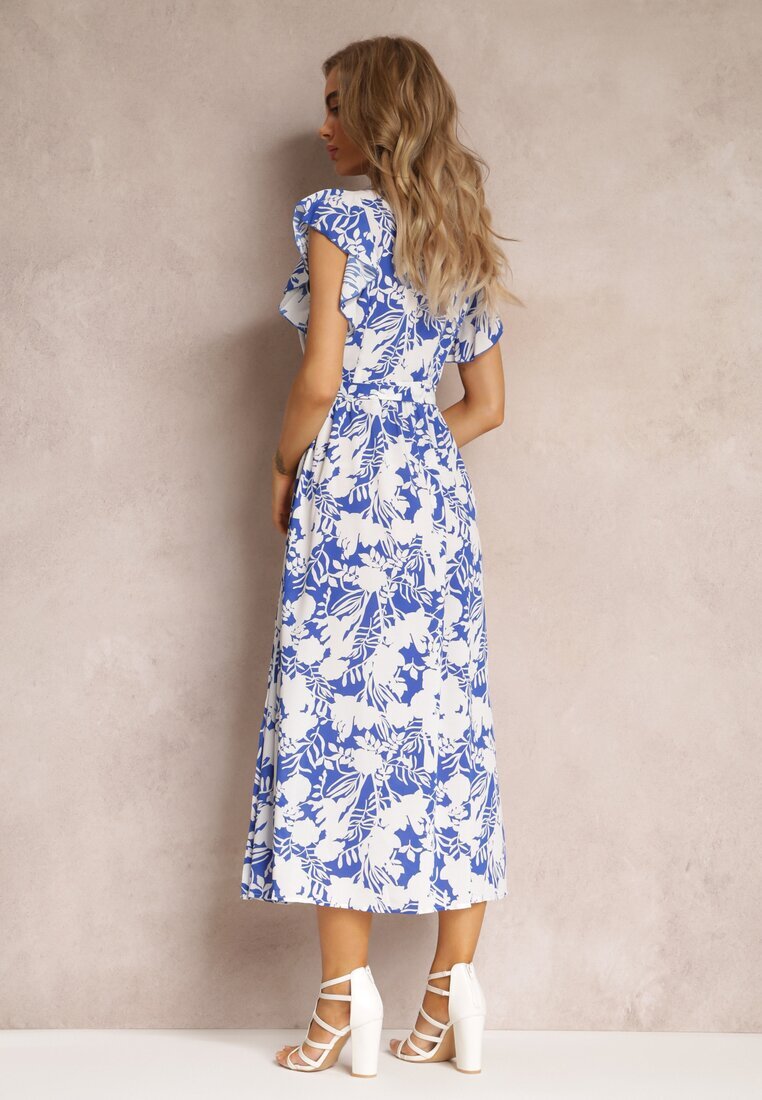 belcci Cloș Rochie Maxi Bleumarin-Alb cu decolteu petrecut cu imprimeu floral Sonnasa