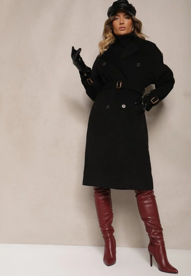 belcci Palton Trench Negru la Două Rânduri cu Croială Elegantă și Curea Edioneta