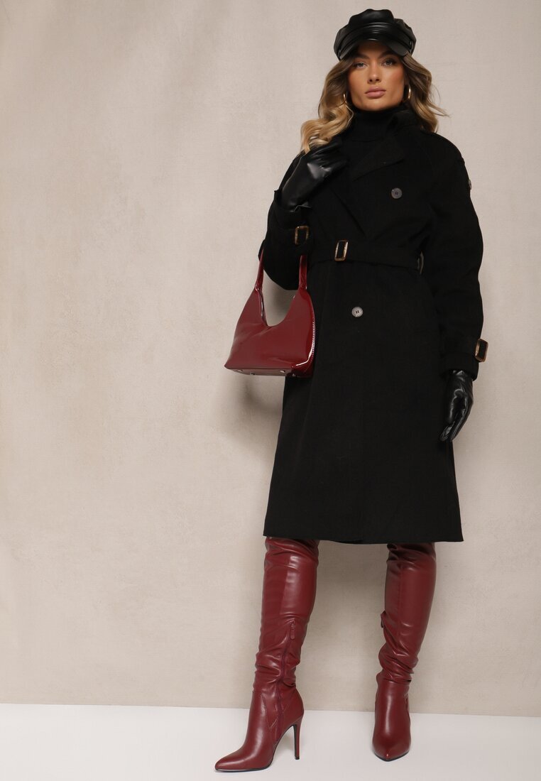 belcci Palton Trench Negru la Două Rânduri cu Croială Elegantă și Curea Edioneta