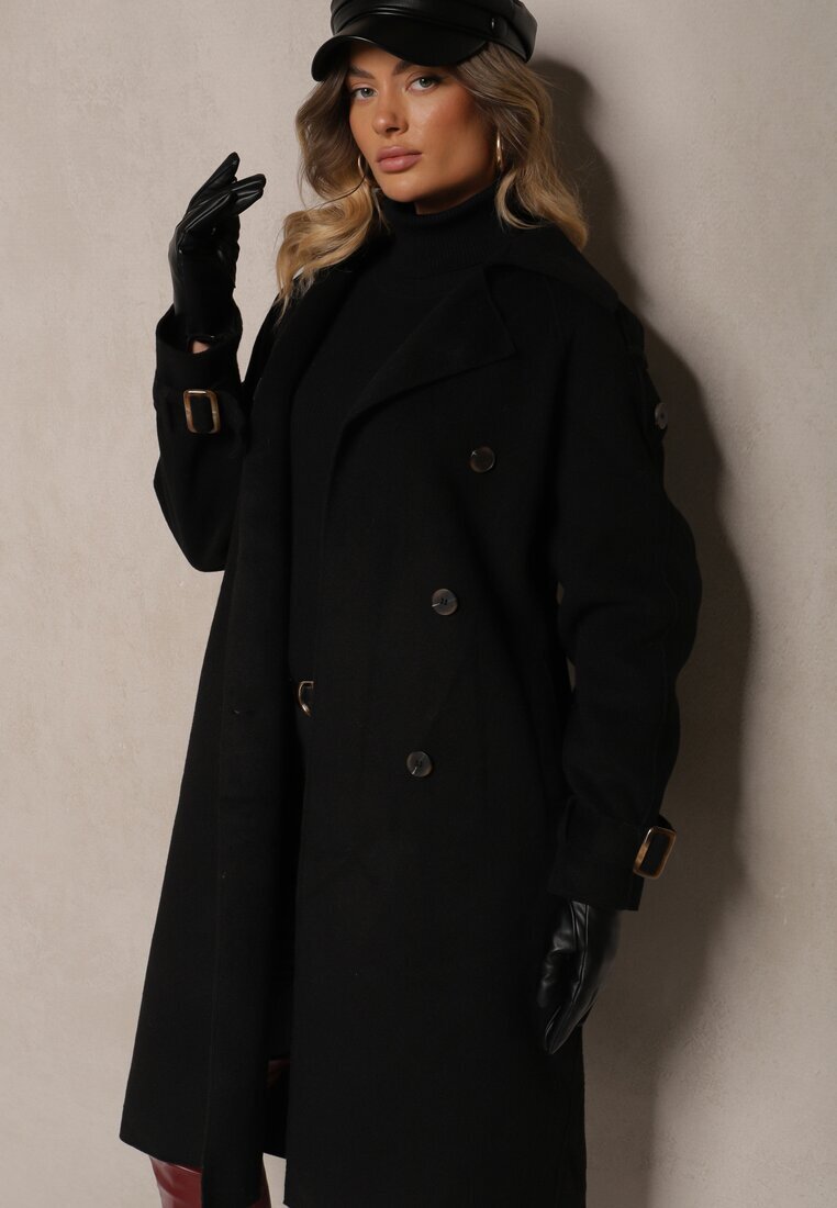 belcci Palton Trench Negru la Două Rânduri cu Croială Elegantă și Curea Edioneta