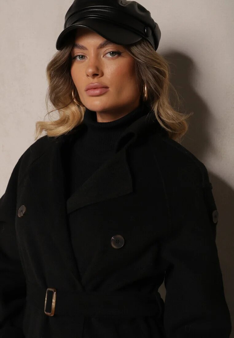 belcci Palton Trench Negru la Două Rânduri cu Croială Elegantă și Curea Edioneta