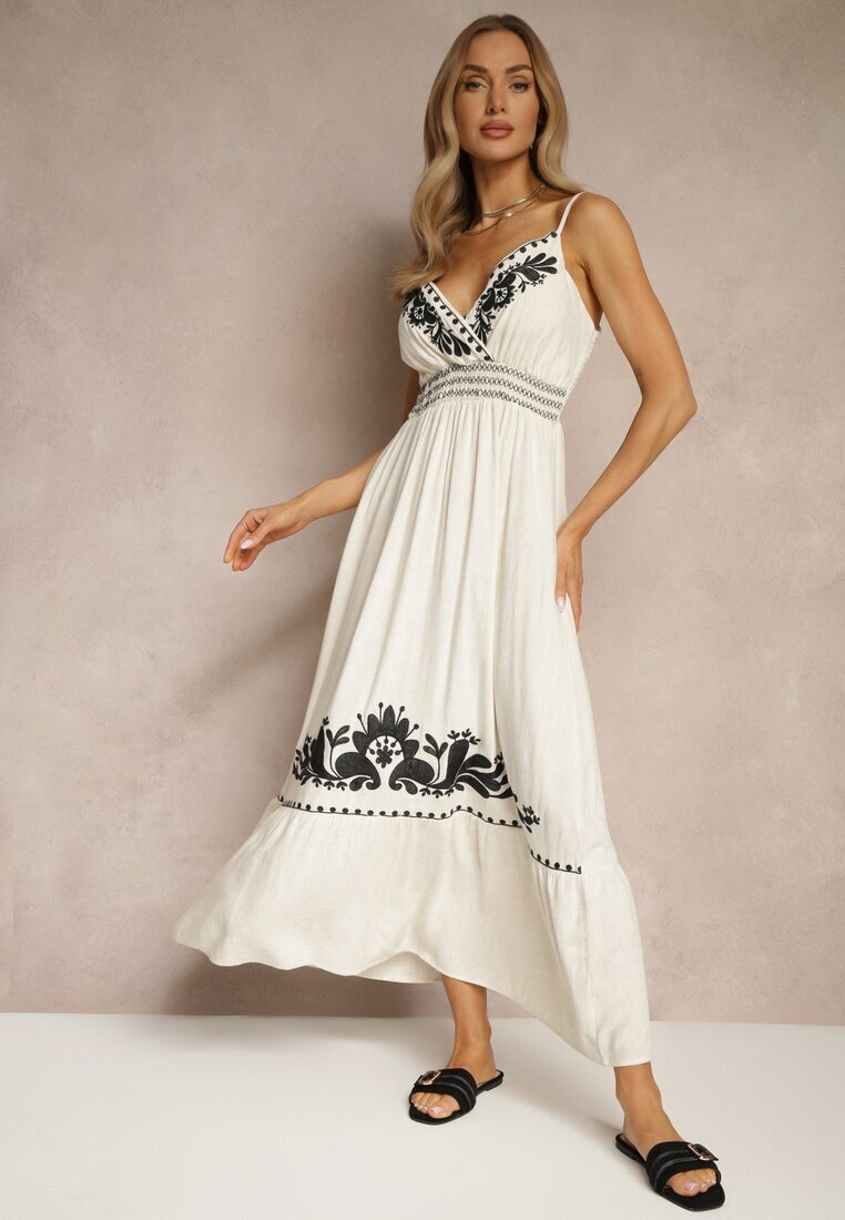 belcci Rochie Albă cu vâscoză și in cu decolteu petrecut decorată cu broderie Sollio