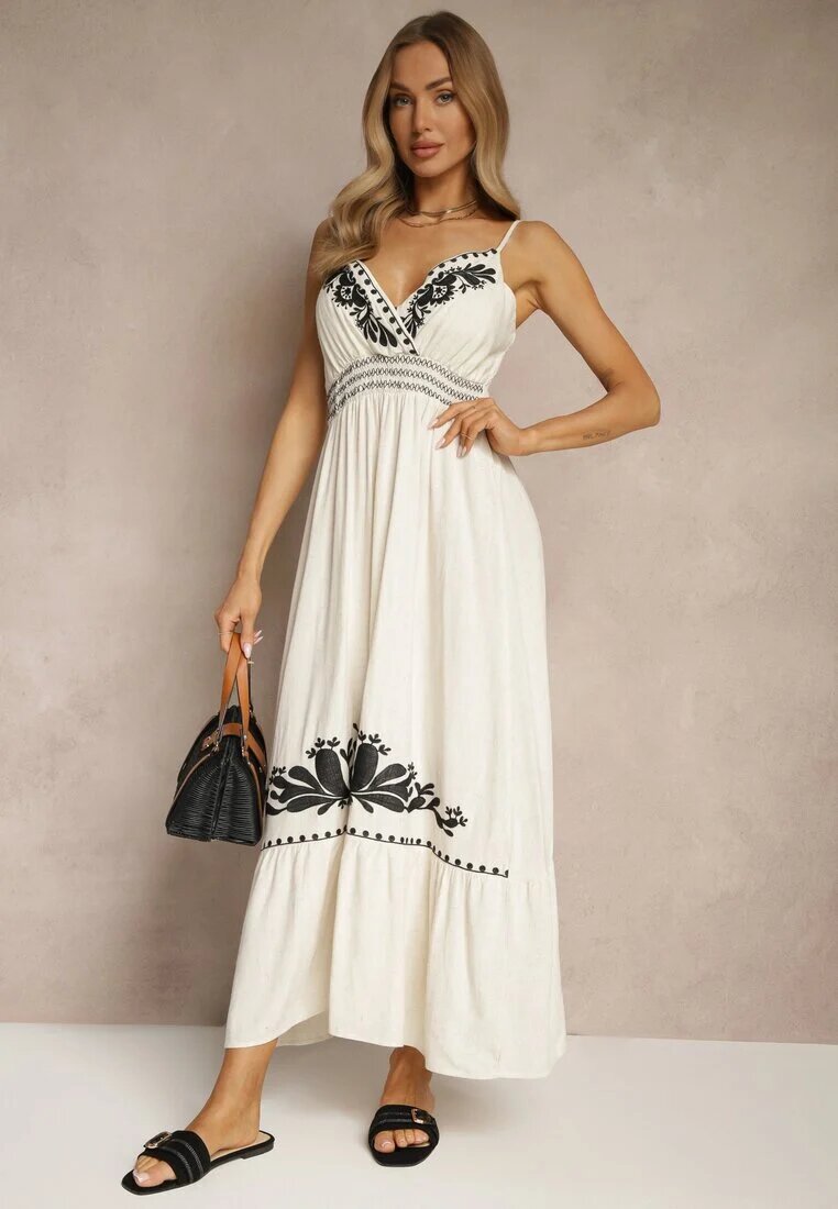 belcci Rochie Albă cu vâscoză și in cu decolteu petrecut decorată cu broderie Sollio