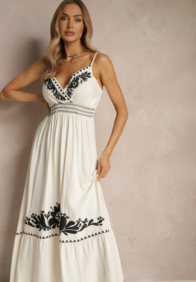 belcci Rochie Albă cu vâscoză și in cu decolteu petrecut decorată cu broderie Sollio