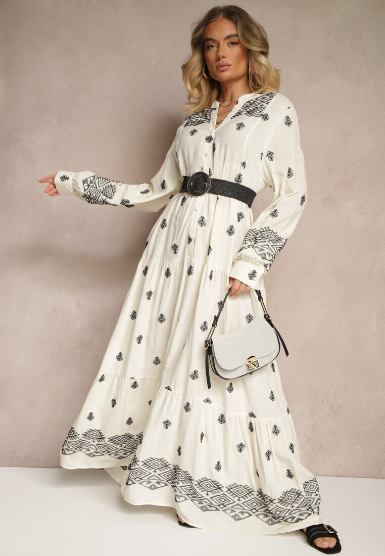 belcci Rochie Albă-Neagră Evazată Decorată cu Broderie și Model Boho Ronavere