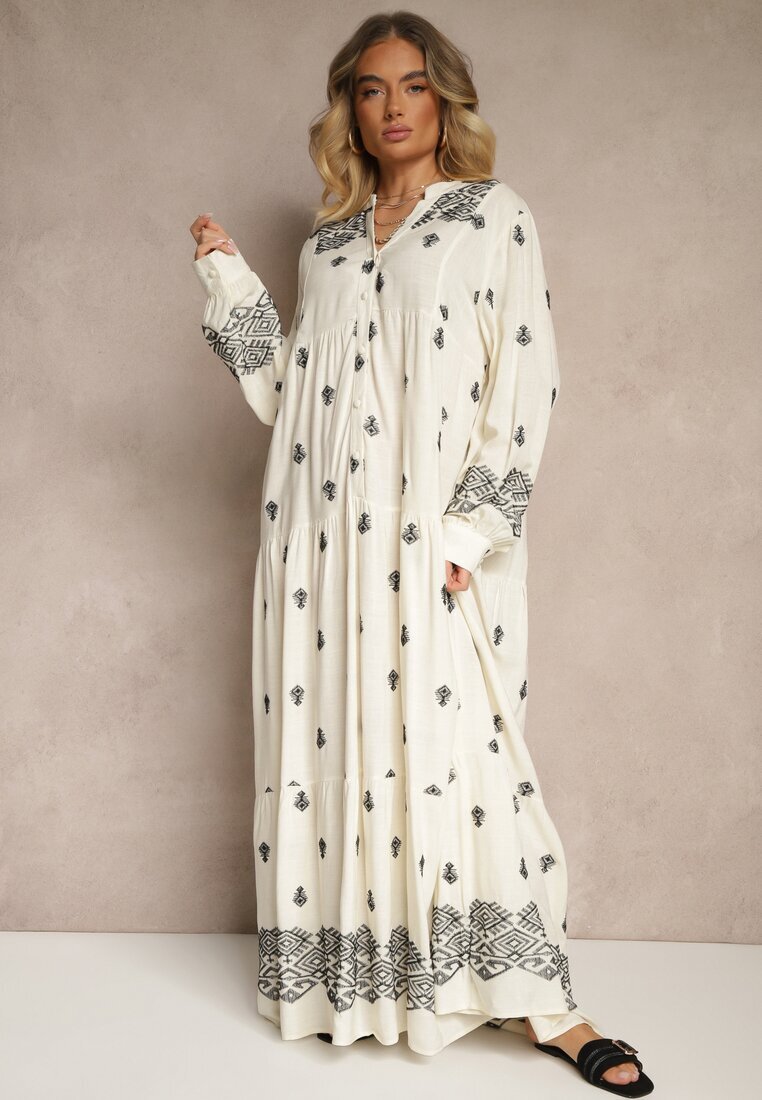 belcci Rochie Albă-Neagră Evazată Decorată cu Broderie și Model Boho Ronavere