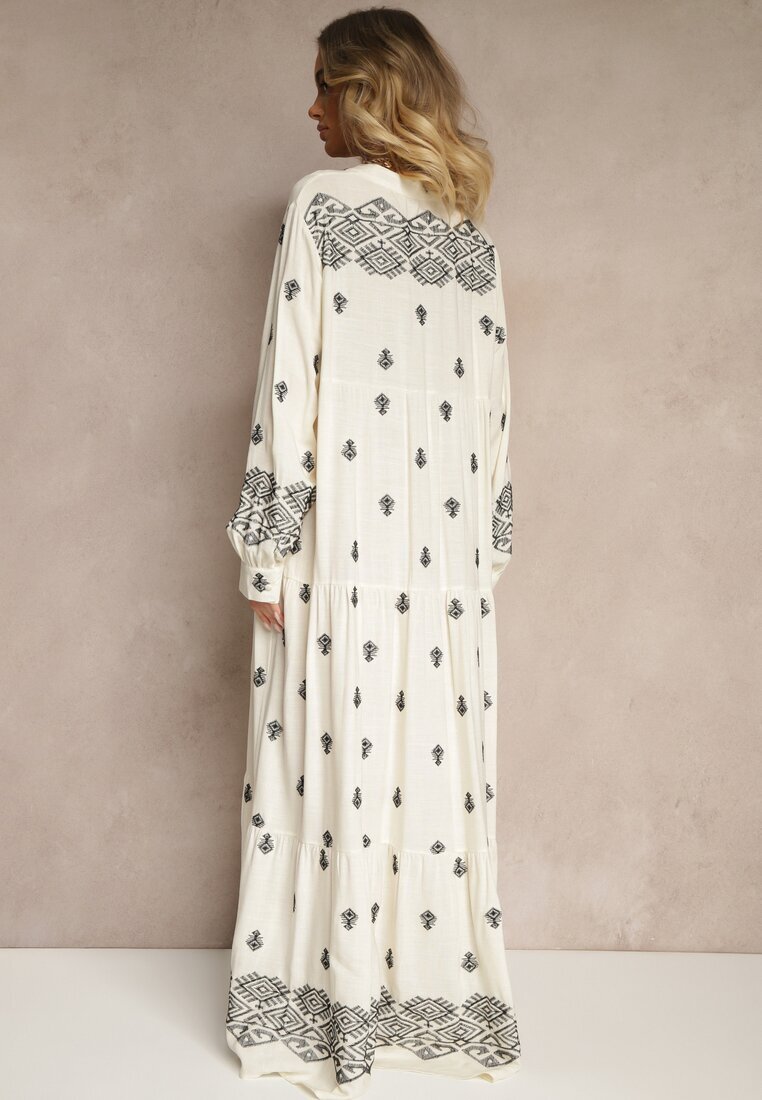 belcci Rochie Albă-Neagră Evazată Decorată cu Broderie și Model Boho Ronavere