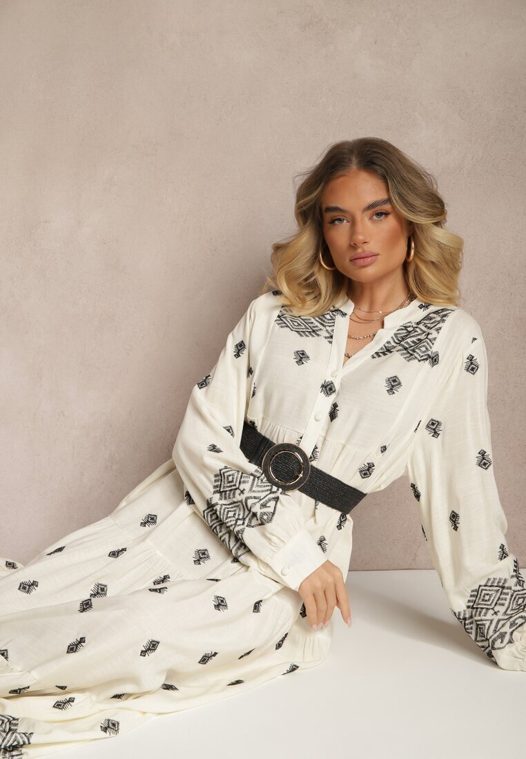 belcci Rochie Albă-Neagră Evazată Decorată cu Broderie și Model Boho Ronavere