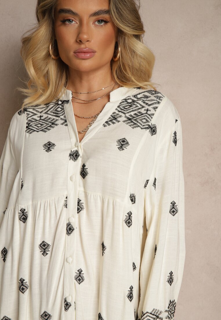 belcci Rochie Albă-Neagră Evazată Decorată cu Broderie și Model Boho Ronavere