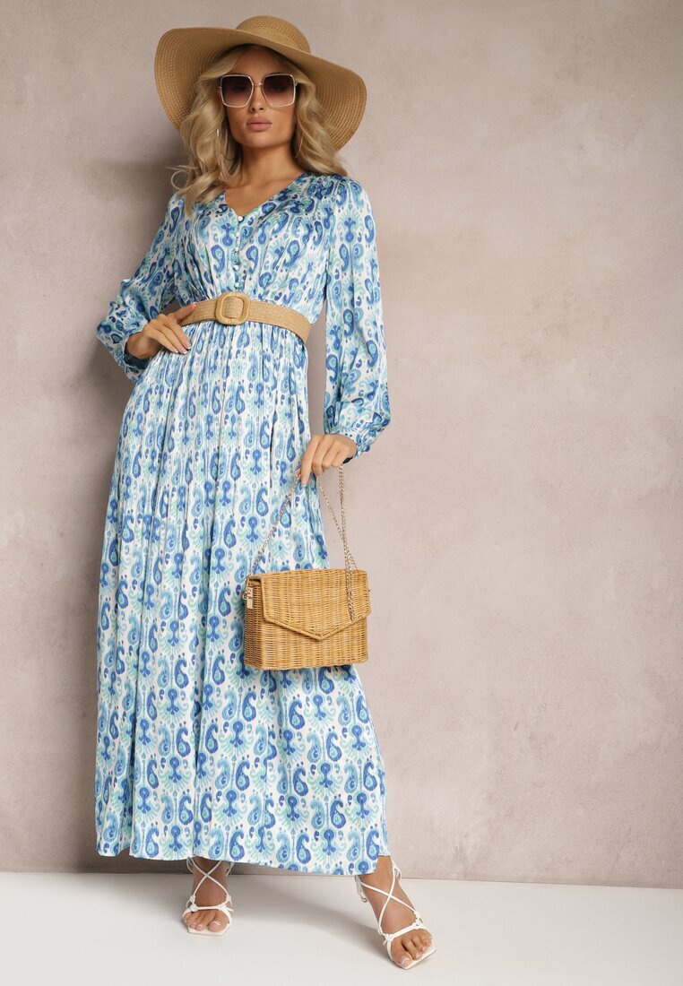 belcci Rochie Albastră de Satin cu Elastic în Talie și cu Model Paisley Xalire