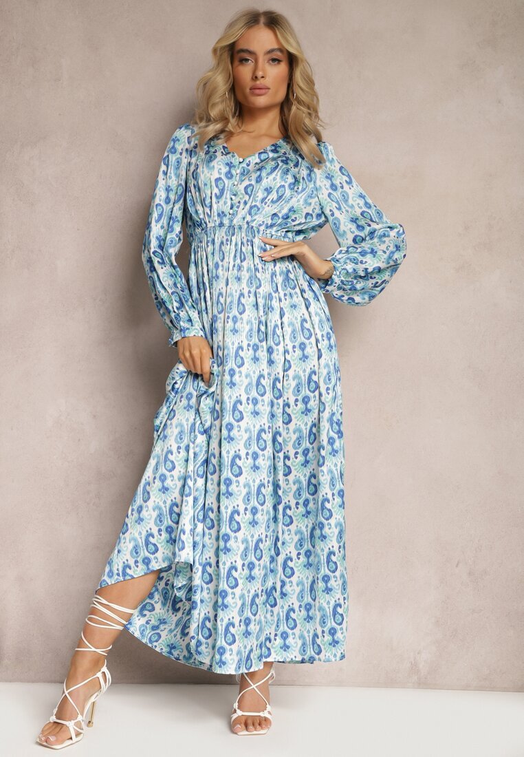 belcci Rochie Albastră de Satin cu Elastic în Talie și cu Model Paisley Xalire