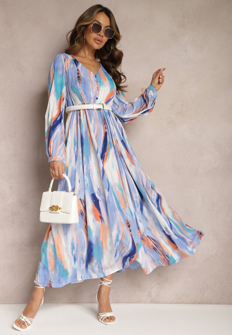 belcci Rochie Albastră Evazată cu elastic în talie și model Acuarelă Kasille
