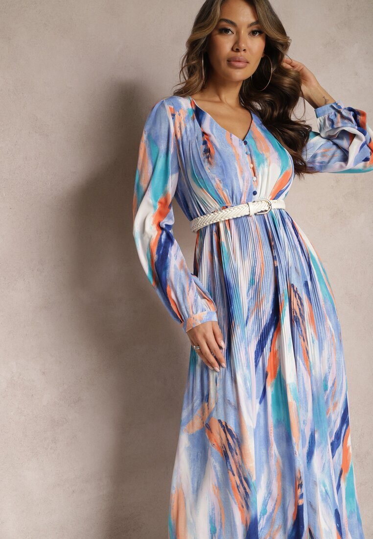 belcci Rochie Albastră Evazată cu elastic în talie și model Acuarelă Kasille