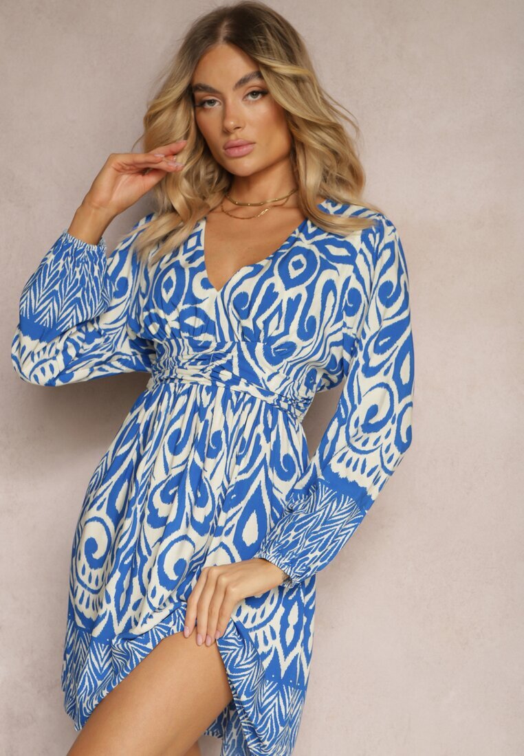 belcci Rochie Albastru-Albă de vâscoză cu croi evazat cu mâneci lungi terminate cu elastic Kililasa