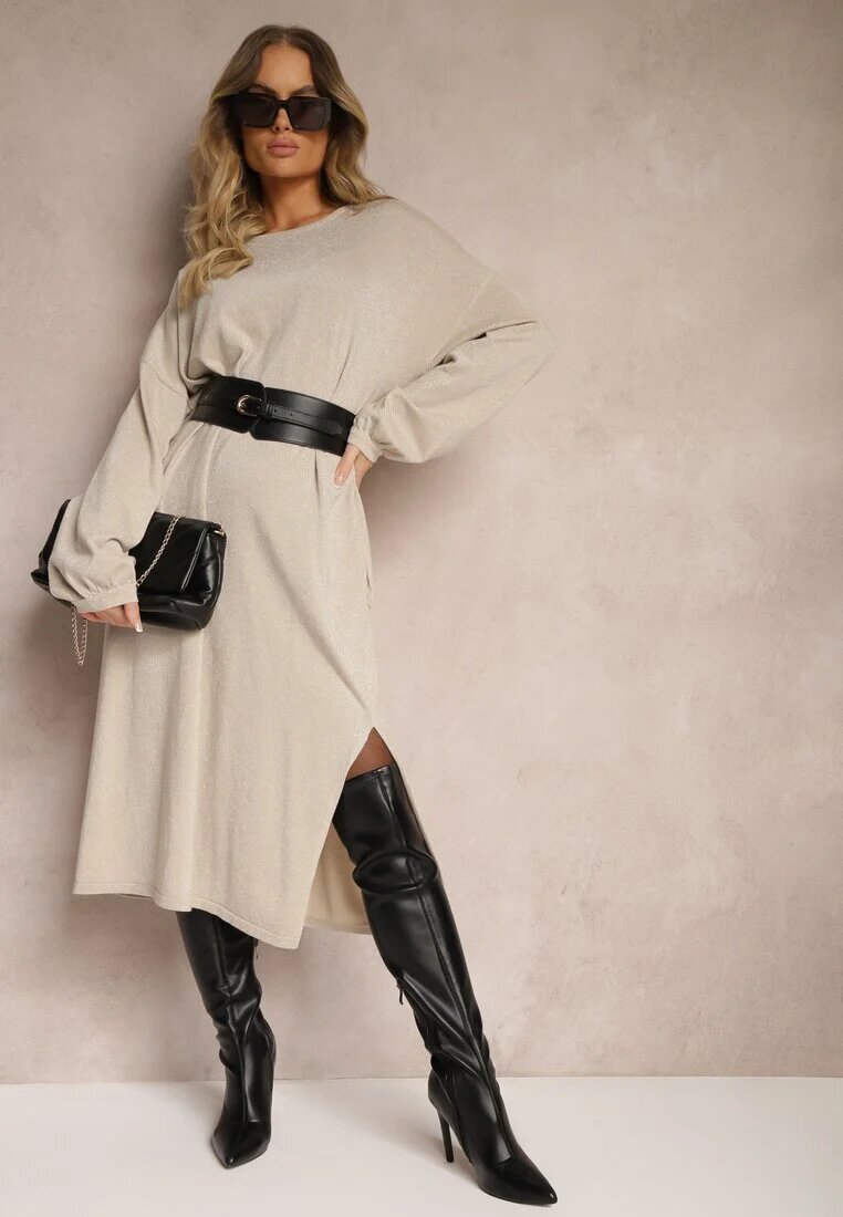 belcci Rochie Bej din Viscoză cu Croială Tip Cutie cu Fir Metalic și Mâneci Largi Arkina