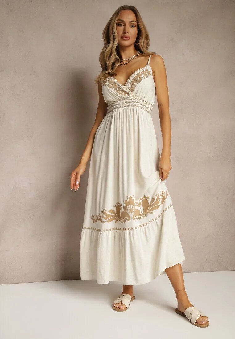 belcci Rochie Bej din Viscoză și In cu Decolteu Petrecut Decorată cu Broderie Sollio