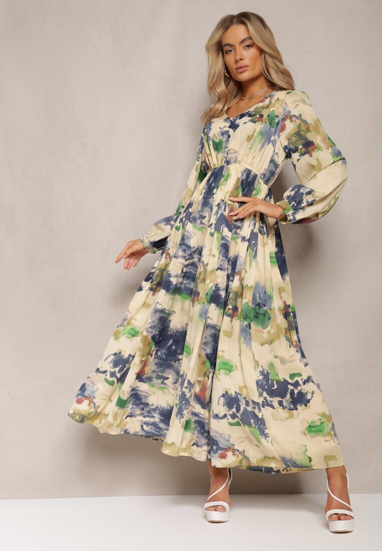 belcci Rochie Bej și Bleu Marin Cloș Maxi cu Model Abstract cu Nasturi Tiritta