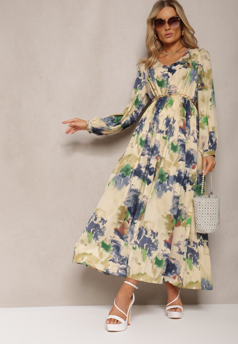 belcci Rochie Bej și Bleu Marin Cloș Maxi cu Model Abstract cu Nasturi Tiritta
