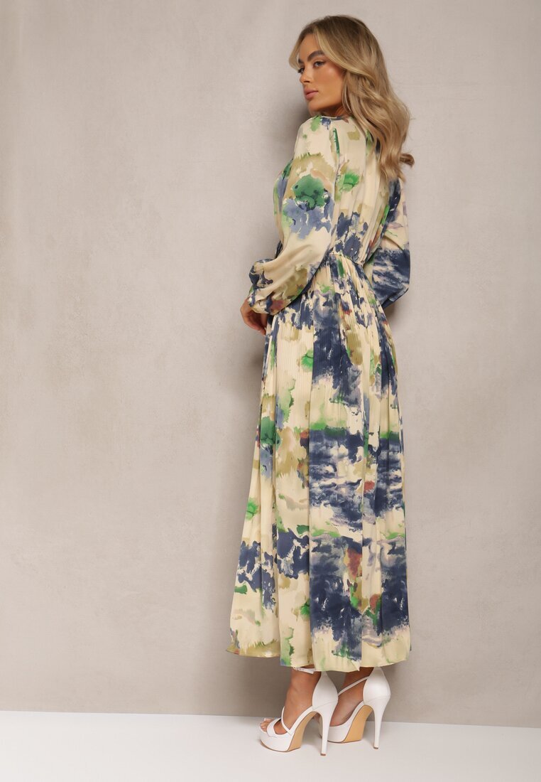 belcci Rochie Bej și Bleu Marin Cloș Maxi cu Model Abstract cu Nasturi Tiritta